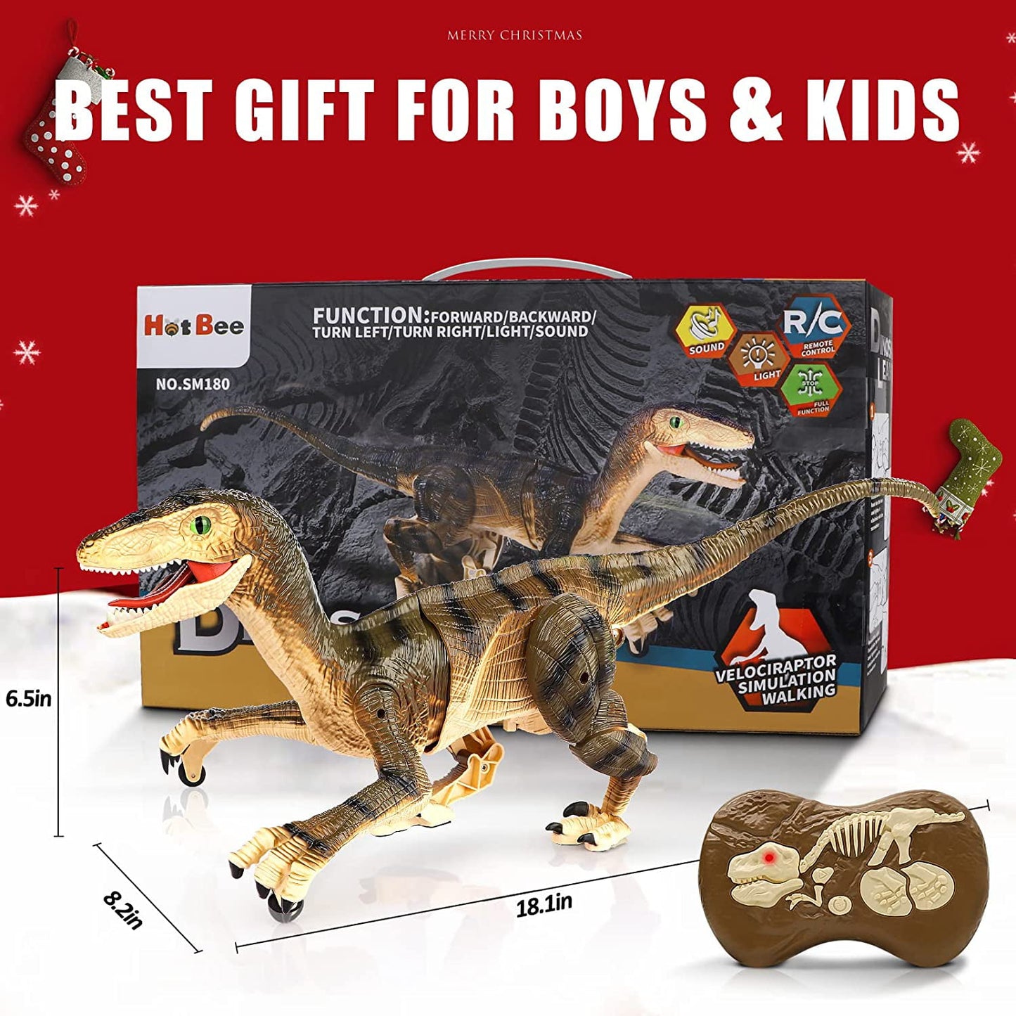 Remote Control Dinosaur Toys, Jurassic Roaring Sound Walking Velociraptor RC Toys for Kids 4+ Boys