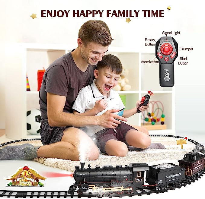 Remote Control Train Set Toys w/Steam Locomotive, Cargo Cars & Tracks,Trains w/Realistic Smoke,Sounds & Lights,Christmas Train Toys for 3-7+ Years Old Kids