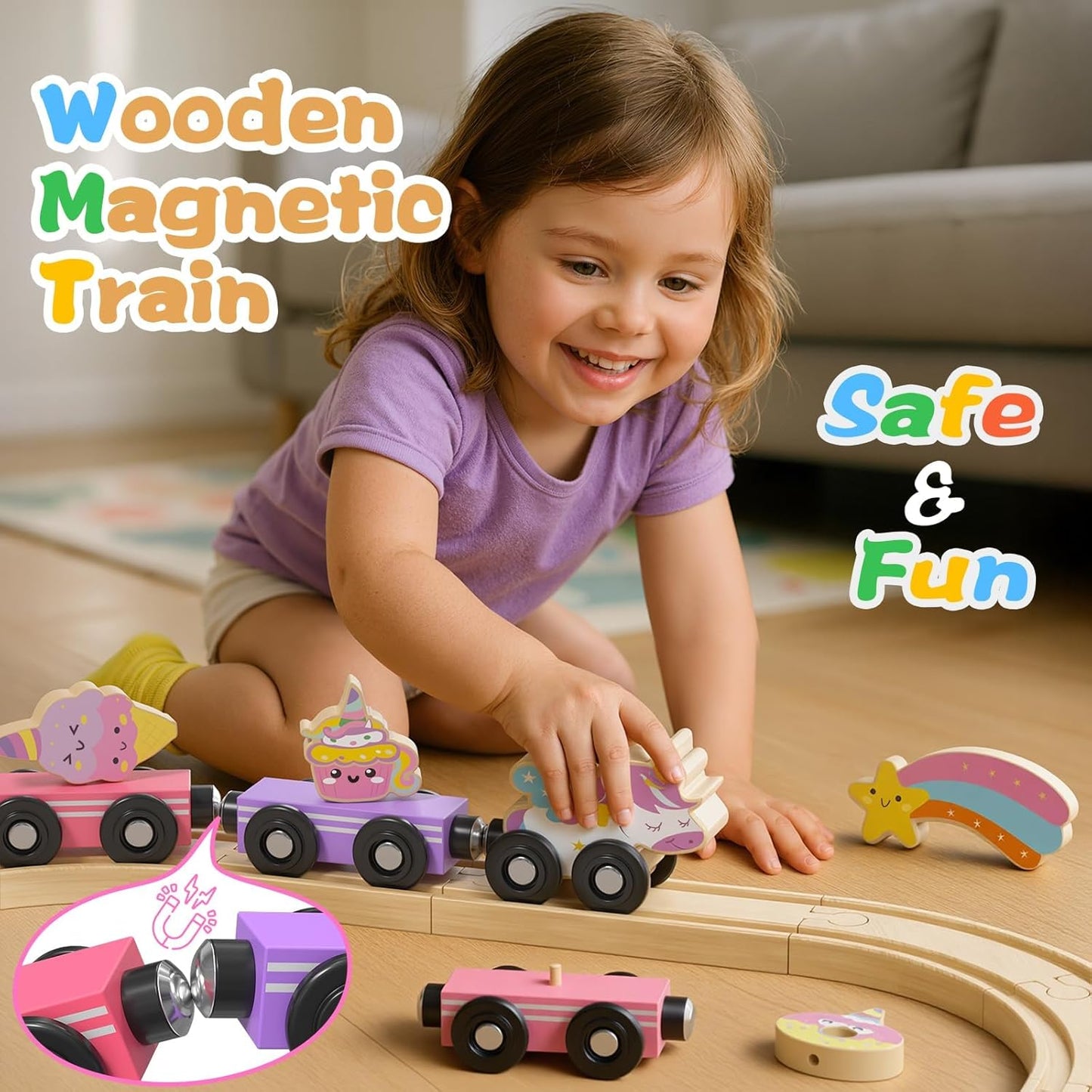 Hot Bee Wooden Train Set, 38-Piece Unicorn Train Set for Toddler Girls 2-4, Pink Wooden Train Track Set with Fairies & Unicorns, Learning Activities Educational Train Toys Birthday Gifts Ages 3 5 6 7