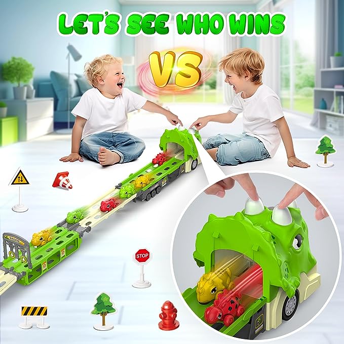 Foldable Ejection Race Track Dinosaur Toy Cars for Toddlers 3-5 5-7 Toy Trucks w/Sound, 6 Dino Cars & 12 Road Signs,Toys for Boys