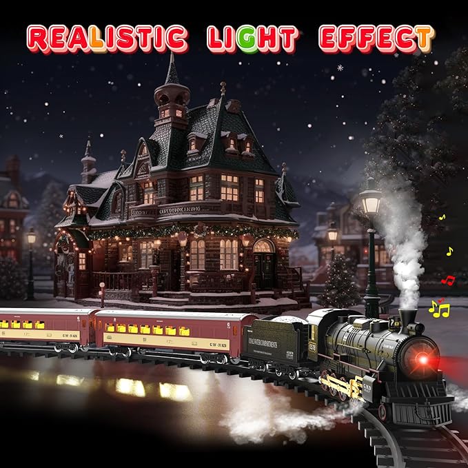 Remote Control Christmas Train Sets w/Steam Locomotive,Light Passenger Cars & Tracks,Trains Toys w/Smoke,Whistle & Lights,Christmas Toys Gifts for 3 4 5 6 7 8+ Year Old Kids