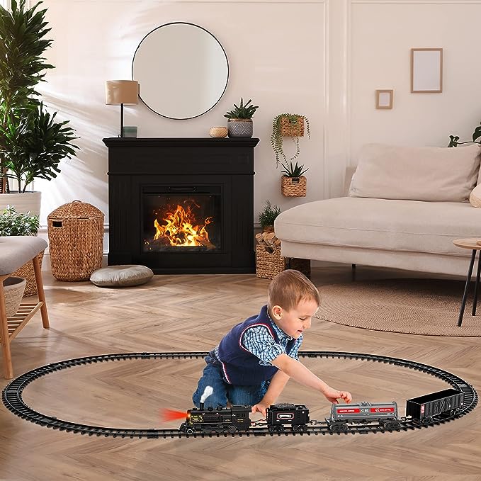 Model Alloy Electric Train Set for Kids With Oil Tank Train,Cargo Cars & Tracks,Train Toys w/Smoke,Sounds & Lights