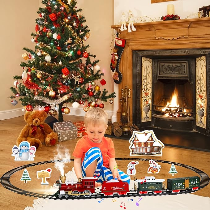 Christmas Train Toys w/Realistic Smoke, Lights & Sounds, Toy Train w/Steam Locomotive, Tracks & Cards, Christmas Toys Gifts for 3 4 5 6 7 8+ Year Old Boys Girls