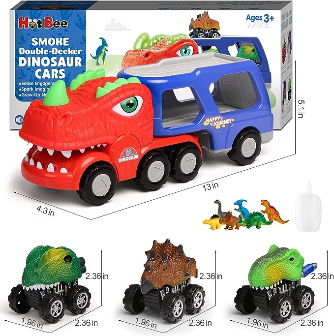 Dinosaur Toddler Car Toys for 1-4 Year Old Toddlers, Dinosaur Transport Truck with Music Spray Light-up and 3 Pull Back Dino Cars for Kids Toys