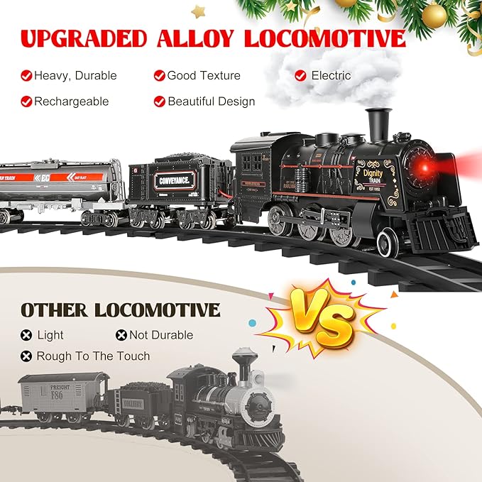 Metal Alloy Electric Train Set for Boys, w/Steam Locomotive, Cargo Cars & Tracks, Sounds & Lights, Christmas Toys Gifts for 3 4 5 6 7 8+ Years Old Kids