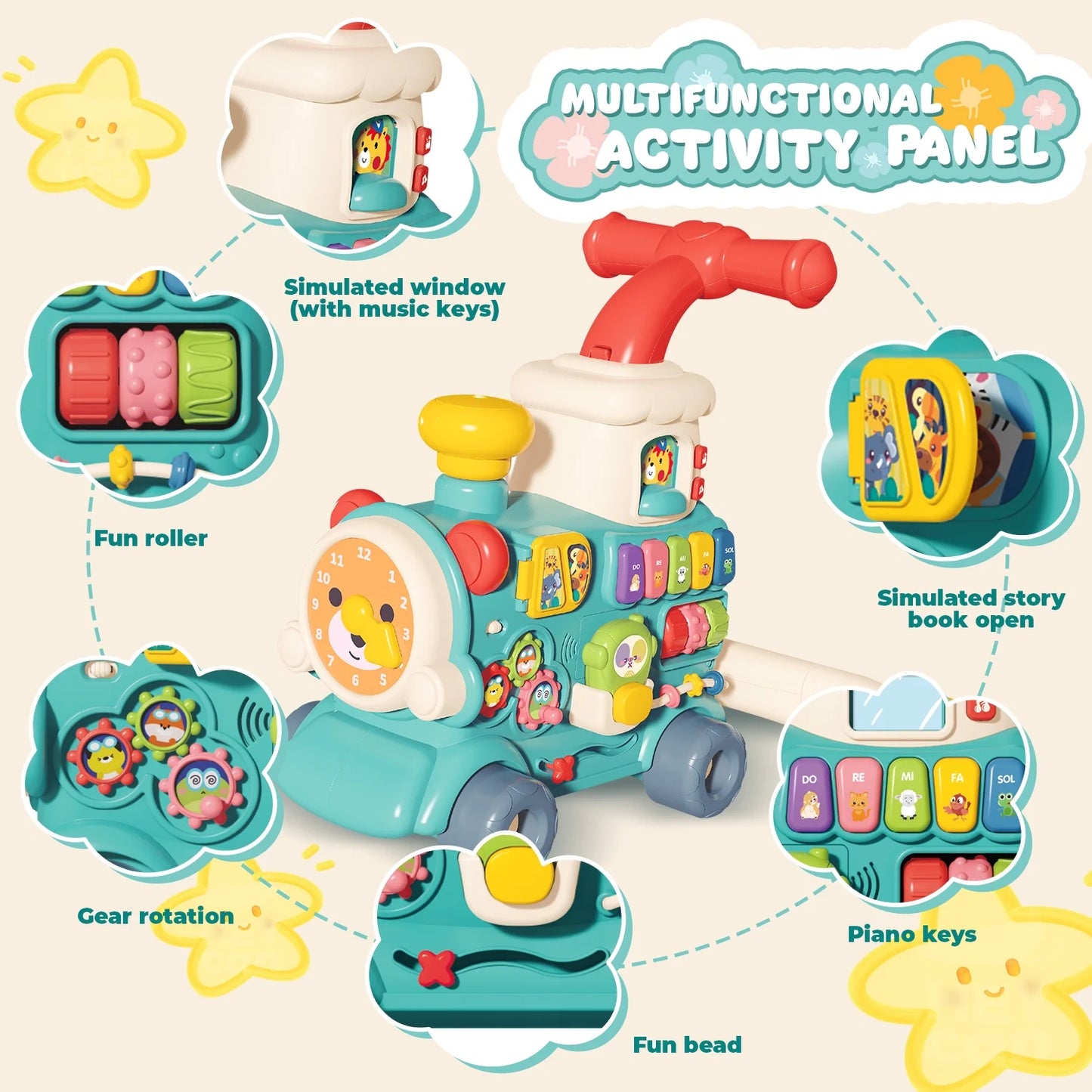 3 in 1 Baby Push Walker, Sit to Stand Baby Walker Steam Train, Montessori Learning Activity Center, Early Learning Toy Gift for Toddler Infant 12 Months+, Blue