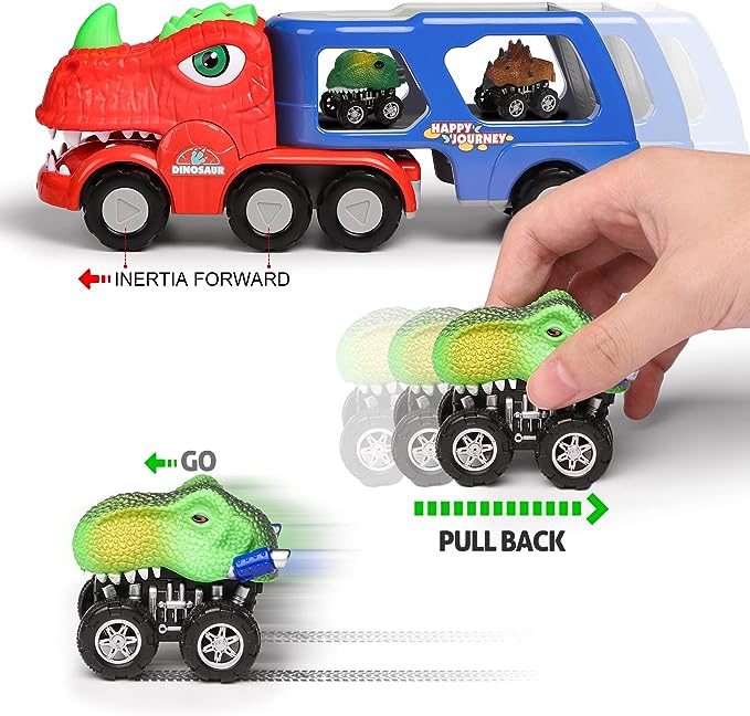 Dinosaur Toddler Car Toys for 1-4 Year Old Toddlers, Dinosaur Transport Truck with Music Spray Light-up and 3 Pull Back Dino Cars for Kids Toys