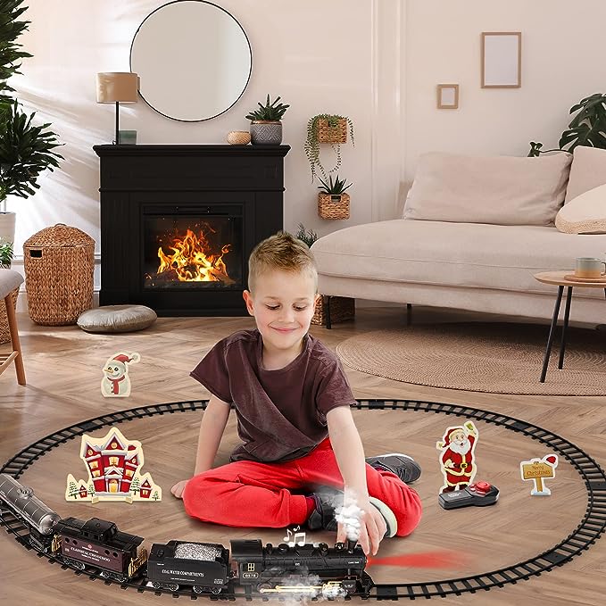 Remote Control Train Set Toys w/Steam Locomotive, Cargo Cars & Tracks,Trains w/Realistic Smoke,Sounds & Lights,Christmas Train Toys for 3-7+ Years Old Kids