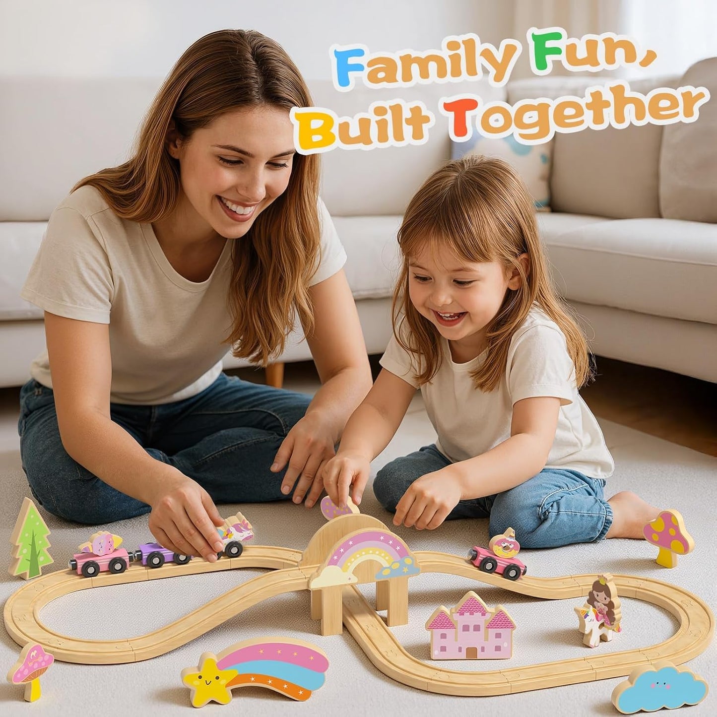 Hot Bee Wooden Train Set, 38-Piece Unicorn Train Set for Toddler Girls 2-4, Pink Wooden Train Track Set with Fairies & Unicorns, Learning Activities Educational Train Toys Birthday Gifts Ages 3 5 6 7