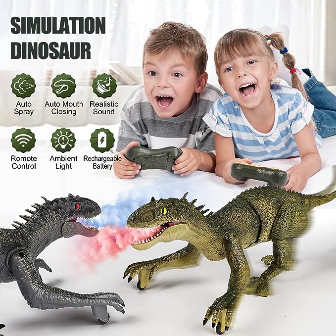 Remote Dinosaur Toy -18.6in Action Figure Indominus Rex Toys w/Simulated Flame Spray, Chomping Mouth, Light and Roaring Sounds, Electric Robot Walking Dinosaur