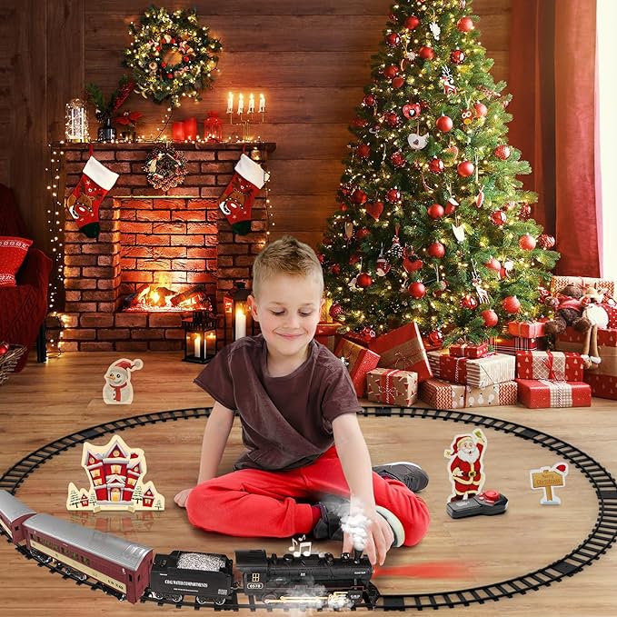 Remote Control Christmas Train Sets w/Steam Locomotive,Light Passenger Cars & Tracks,Trains Toys w/Smoke,Whistle & Lights,Christmas Toys Gifts for 3 4 5 6 7 8+ Year Old Kids