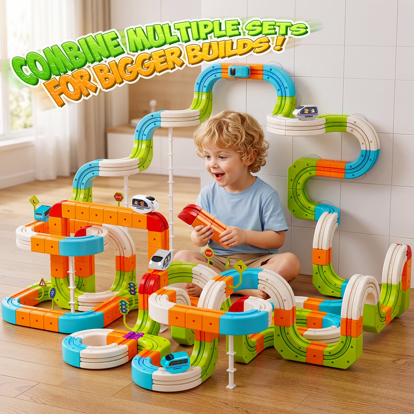 Hot Bee Electric Train Set for Kids, 134pcs Gravity-Defying Race Track 丨 3D STEM Toy Train Track for Kids, Building Train Toys for Toddlers, Birthday Gifts for 3 4 5 6 7 8+ Year Old Boys Girls