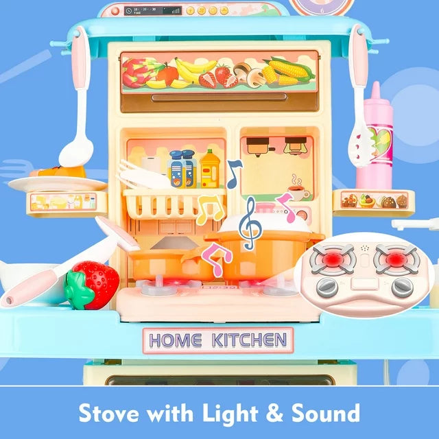 Kids Play Kitchen Set, Kitchen Toys for Girls, with Lights & Sounds, Blue-Pink, Pretend Play Foods for Toddlers Girls Gifts 3-6 Years.