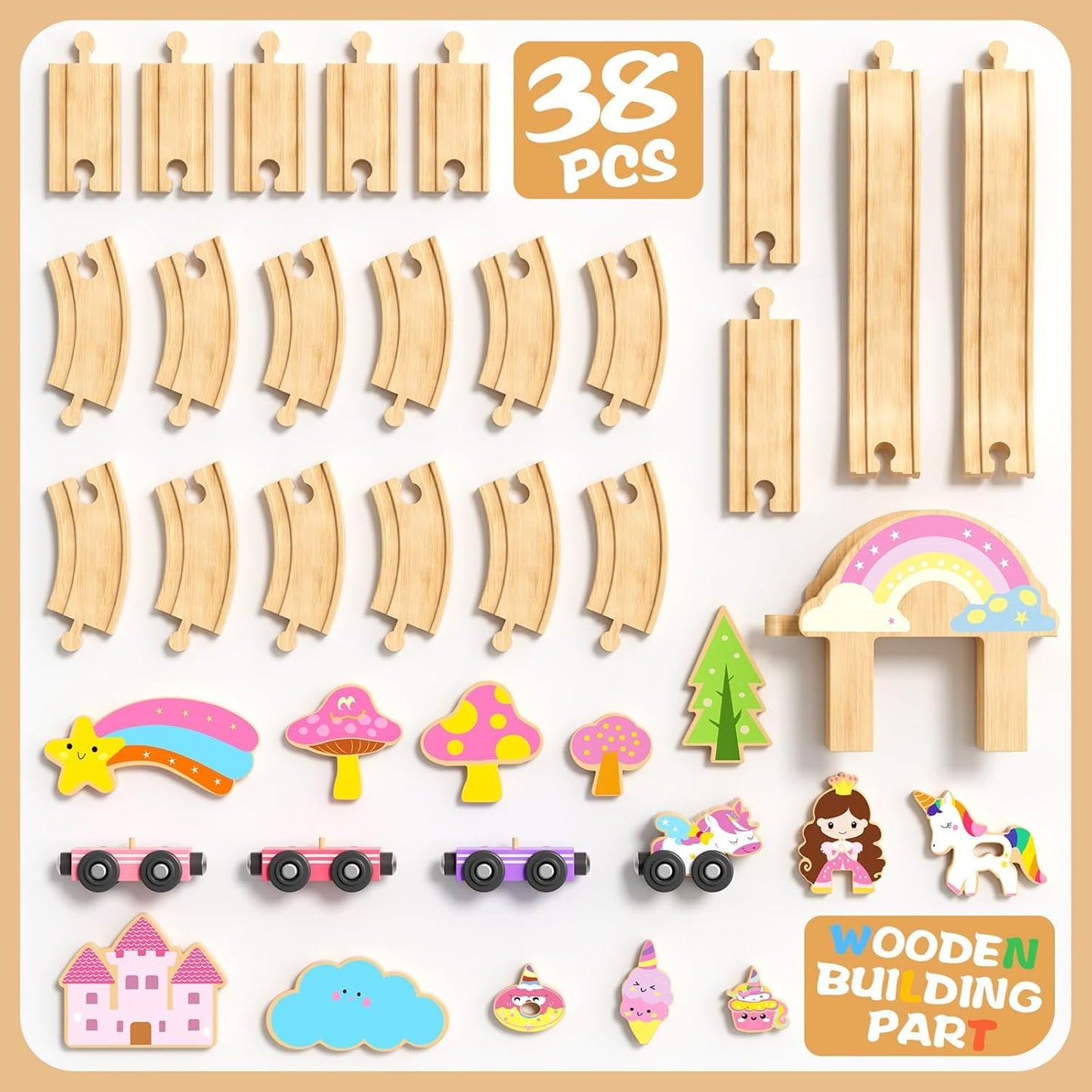 Hot Bee Wooden Train Set, 38-Piece Unicorn Train Set for Toddler Girls 2-4, Pink Wooden Train Track Set with Fairies & Unicorns, Learning Activities Educational Train Toys Birthday Gifts Ages 3 5 6 7