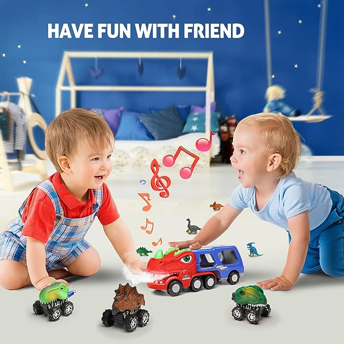 Dinosaur Toddler Car Toys for 1-4 Year Old Toddlers, Dinosaur Transport Truck with Music Spray Light-up and 3 Pull Back Dino Cars for Kids Toys