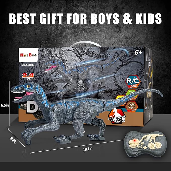 Remote Control Dinosaur Toys, Jurassic Roaring Walking Velociraptor RC Robot Toys for Kids 4+ Years Old