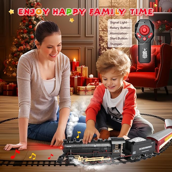 Remote Control Christmas Train Sets w/Steam Locomotive,Light Passenger Cars & Tracks,Trains Toys w/Smoke,Whistle & Lights,Christmas Toys Gifts for 3 4 5 6 7 8+ Year Old Kids