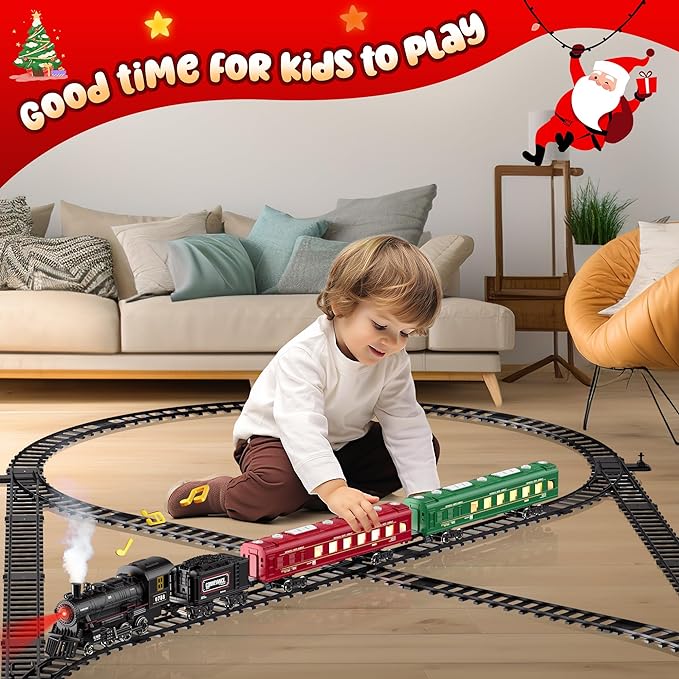 Remote Control Train for Christmas Tree Metal Train Toys w/Luxury Track, Realistic Smoke, Lights & Sounds, Christmas Toys Gifts for 3 4 5 6 7 8+ Year Old kids