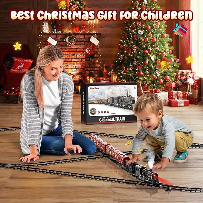 Train Set w/Luxury Tracks, Metal Train Toys - Glowing Passenger Cars & Steam Locomotive, Model Electric Trains w/Smoke, Sounds & Lights, Christmas Train Gifts for 3 4 5 6 7+ Years Old Kids