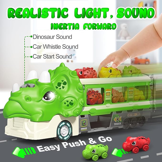 Foldable Ejection Race Track Dinosaur Toy Cars for Toddlers 3-5 5-7 Toy Trucks w/Sound, 6 Dino Cars & 12 Road Signs,Toys for Boys