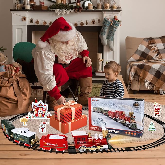 Christmas Train Toys w/Realistic Smoke, Lights & Sounds, Toy Train w/Steam Locomotive, Tracks & Cards, Christmas Toys Gifts for 3 4 5 6 7 8+ Year Old Boys Girls