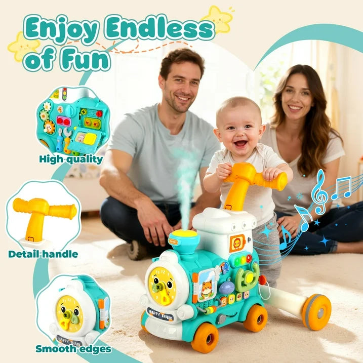 3-in-1 Baby Push Walker & Learning Activity Center, Sit-to-Stand Toddler Walking Toy with Music, Lights & Steam Spray, Educational Push Toy Gift for Boys & Girls 6–18 Months