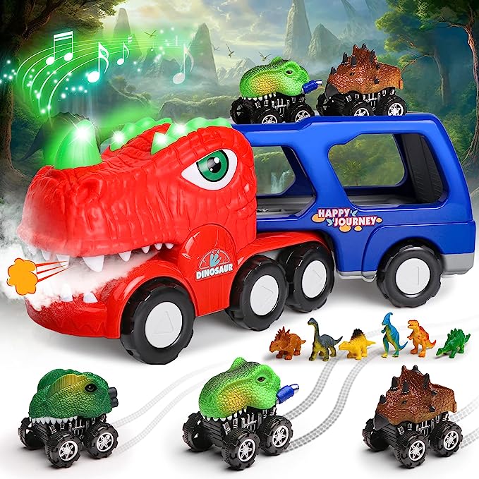 Dinosaur Toddler Car Toys for 1-4 Year Old Toddlers, Dinosaur Transport Truck with Music Spray Light-up and 3 Pull Back Dino Cars for Kids Toys
