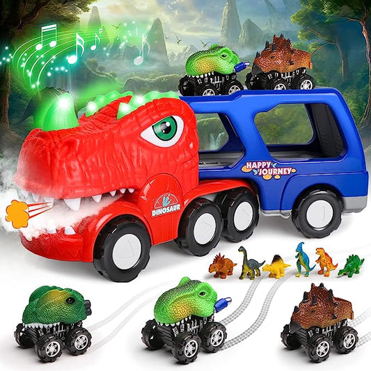 Dinosaur Toddler Car Toys for 1-4 Year Old Toddlers, Dinosaur Transport Truck with Music Spray Light-up and 3 Pull Back Dino Cars for Kids Toys