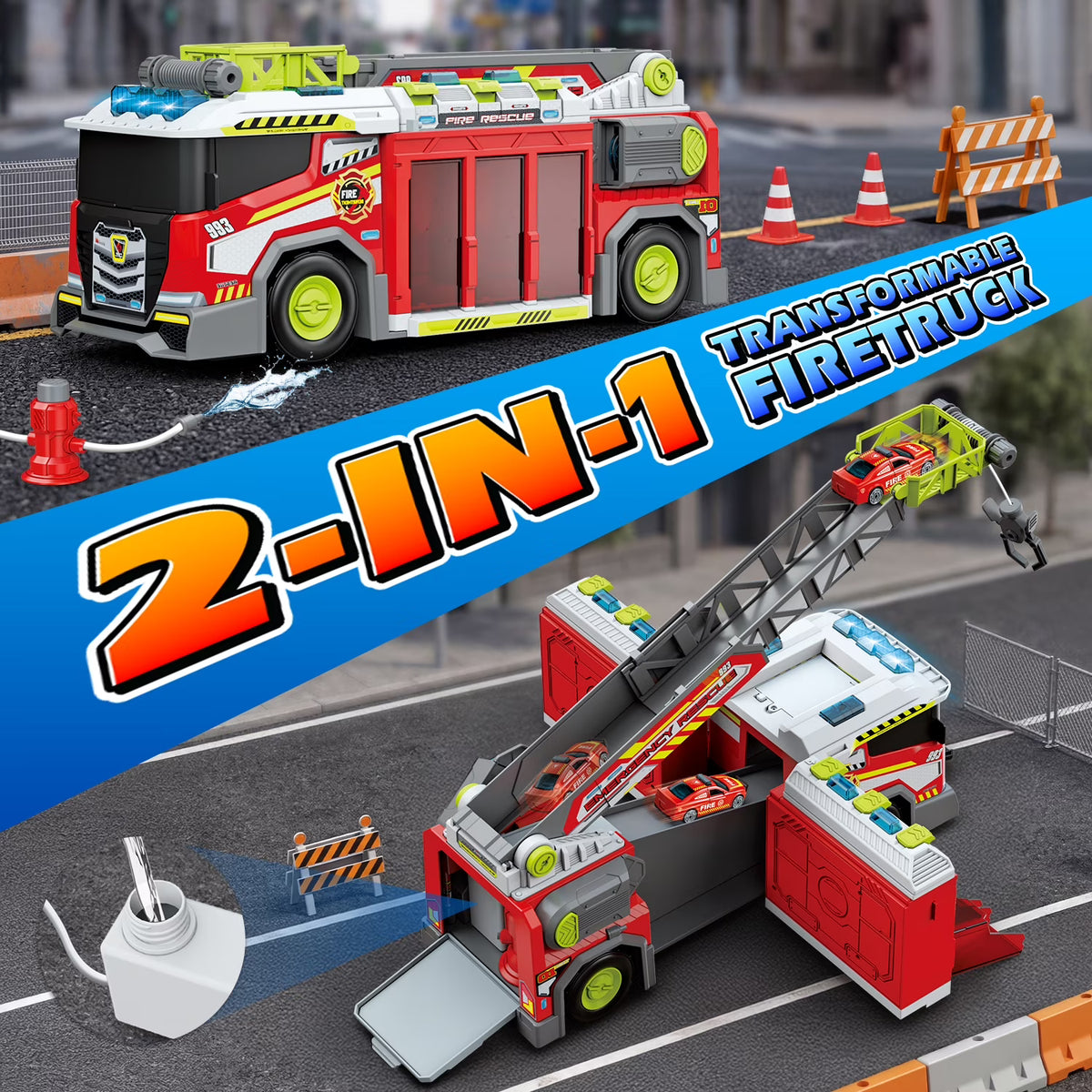 Carsky Fire Truck Toy with Storage Track, Lights & Sound Rescue Playset, City Garage Carrier Truck with Megaphone & Mini Cars, Role Play Gift Toys for Boys Girls
