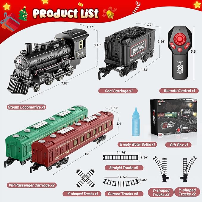 Remote Control Train for Christmas Tree Metal Train Toys w/Luxury Track, Realistic Smoke, Lights & Sounds, Christmas Toys Gifts for 3 4 5 6 7 8+ Year Old kids