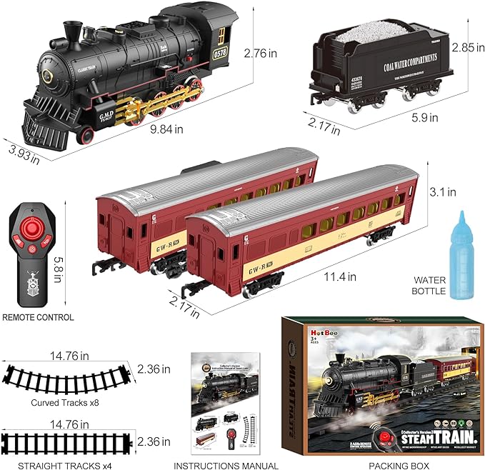 Remote Control Christmas Train Sets w/Steam Locomotive,Light Passenger Cars & Tracks,Trains Toys w/Smoke,Whistle & Lights,Christmas Toys Gifts for 3 4 5 6 7 8+ Year Old Kids