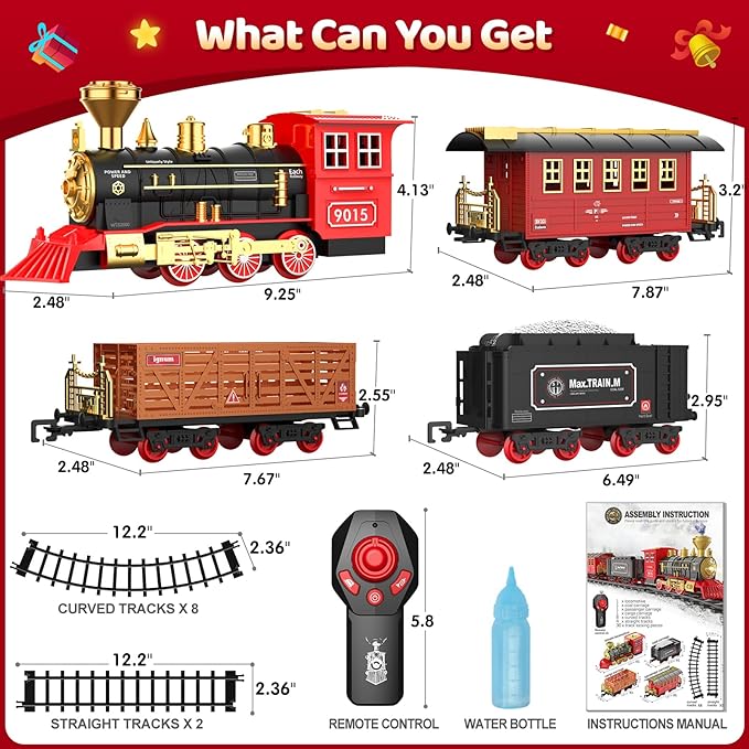 Remote Control Train Toys w/Steam Locomotive, Cargo Cars & Tracks,Toy Trains w/Realistic Smoke,Sounds & Lights,Christmas Train Gifts for 3 4 5 6 7 8+ Year Old Boys