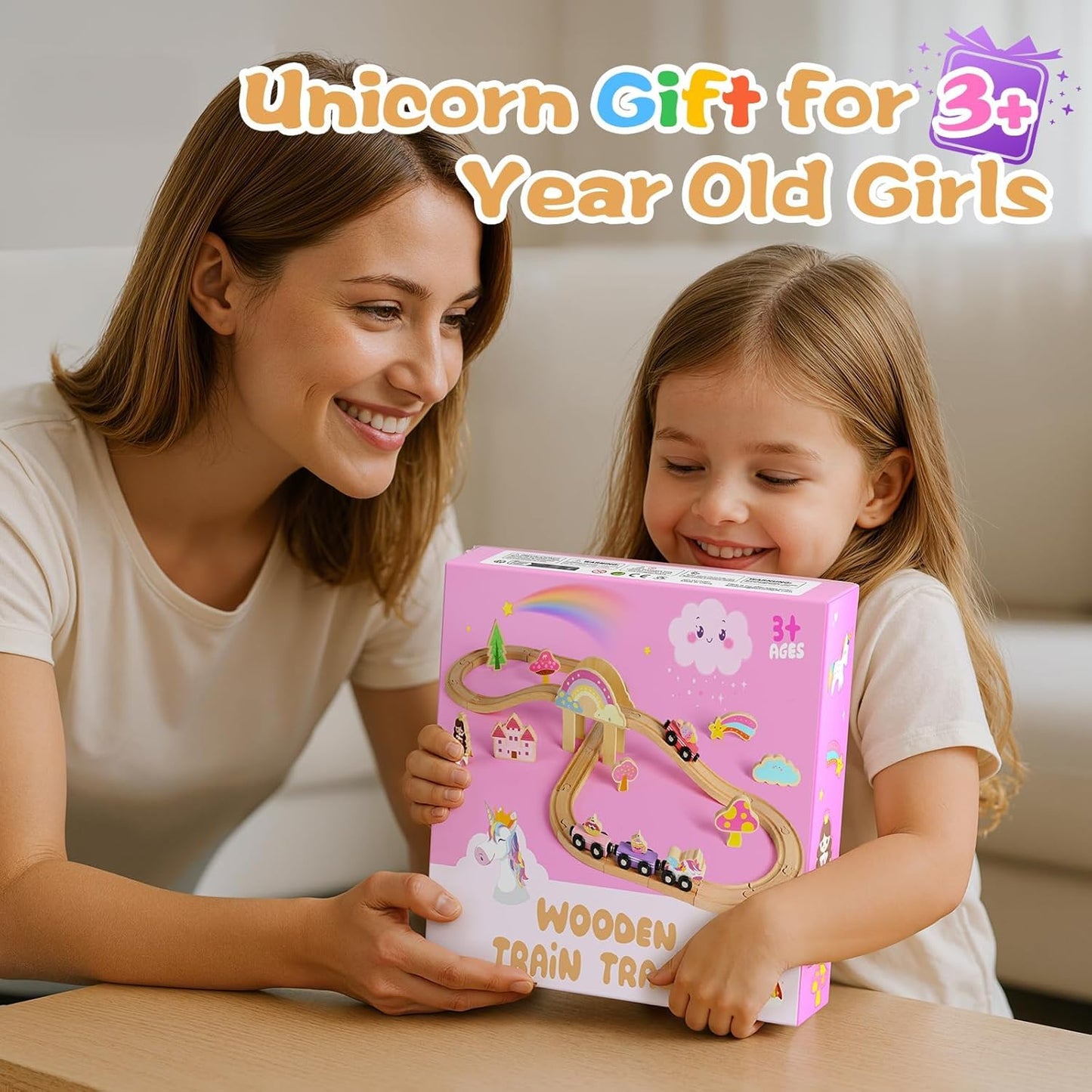 Hot Bee Wooden Train Set, 38-Piece Unicorn Train Set for Toddler Girls 2-4, Pink Wooden Train Track Set with Fairies & Unicorns, Learning Activities Educational Train Toys Birthday Gifts Ages 3 5 6 7