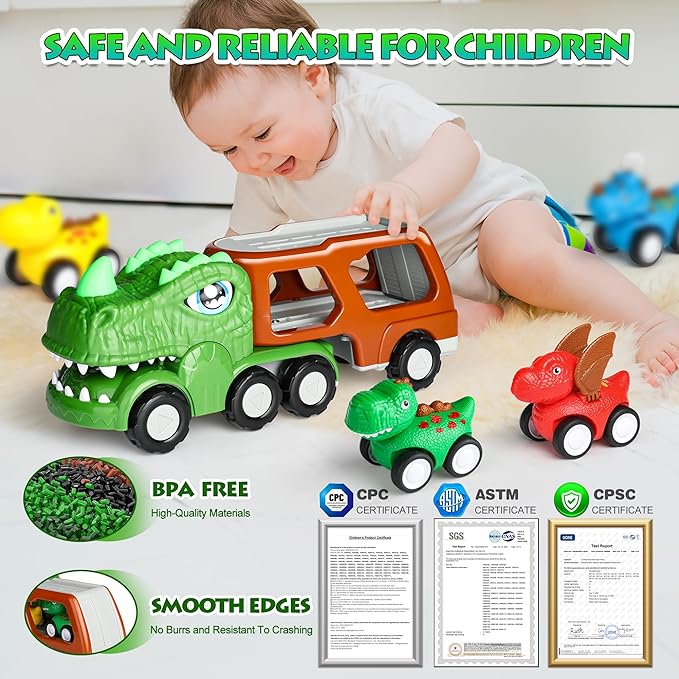 Toddler Car Toys for 2-4 Year Old Boys, 5-in-1 Dinosaur Vehicle Trucks Toys with Flashing Light & Sound