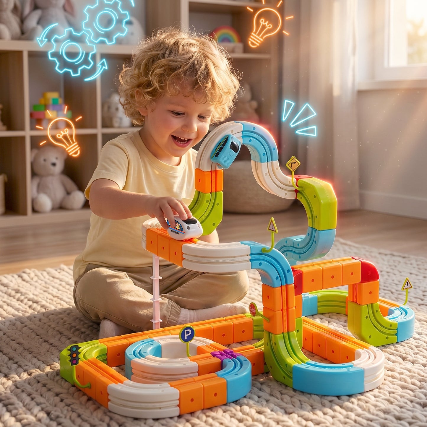 Hot Bee Electric Train Set for Kids, 134pcs Gravity-Defying Race Track 丨 3D STEM Toy Train Track for Kids, Building Train Toys for Toddlers, Birthday Gifts for 3 4 5 6 7 8+ Year Old Boys Girls
