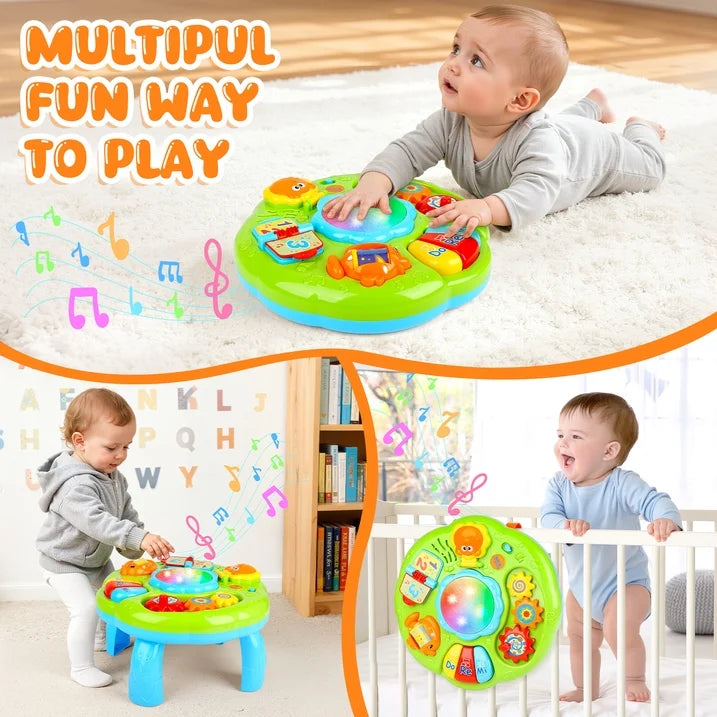 Baby Musical Activity Table, Light & Sound Learning Drum Toy with Piano, Flip Book & Animal Mirror, Multifunction Toddler Play Center for 6-24 Months Boys Girls Birthday ChristmasToy Gifts