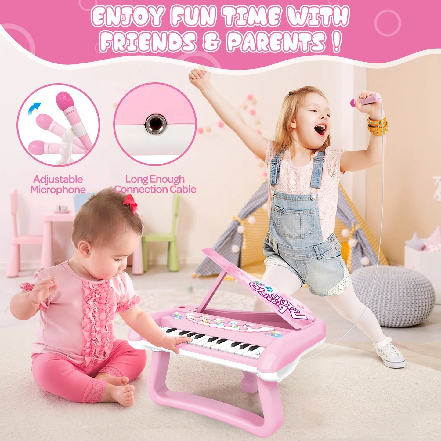 Hot Bee 5-in-1 Kids Piano Keyboard Toys with Microphone, 22 Keys, 22 Demo Songs, 5 Musical Instruments, and Animal Sounds, Early Learning Birthday Christmas Gift for Girls Boys 1-3