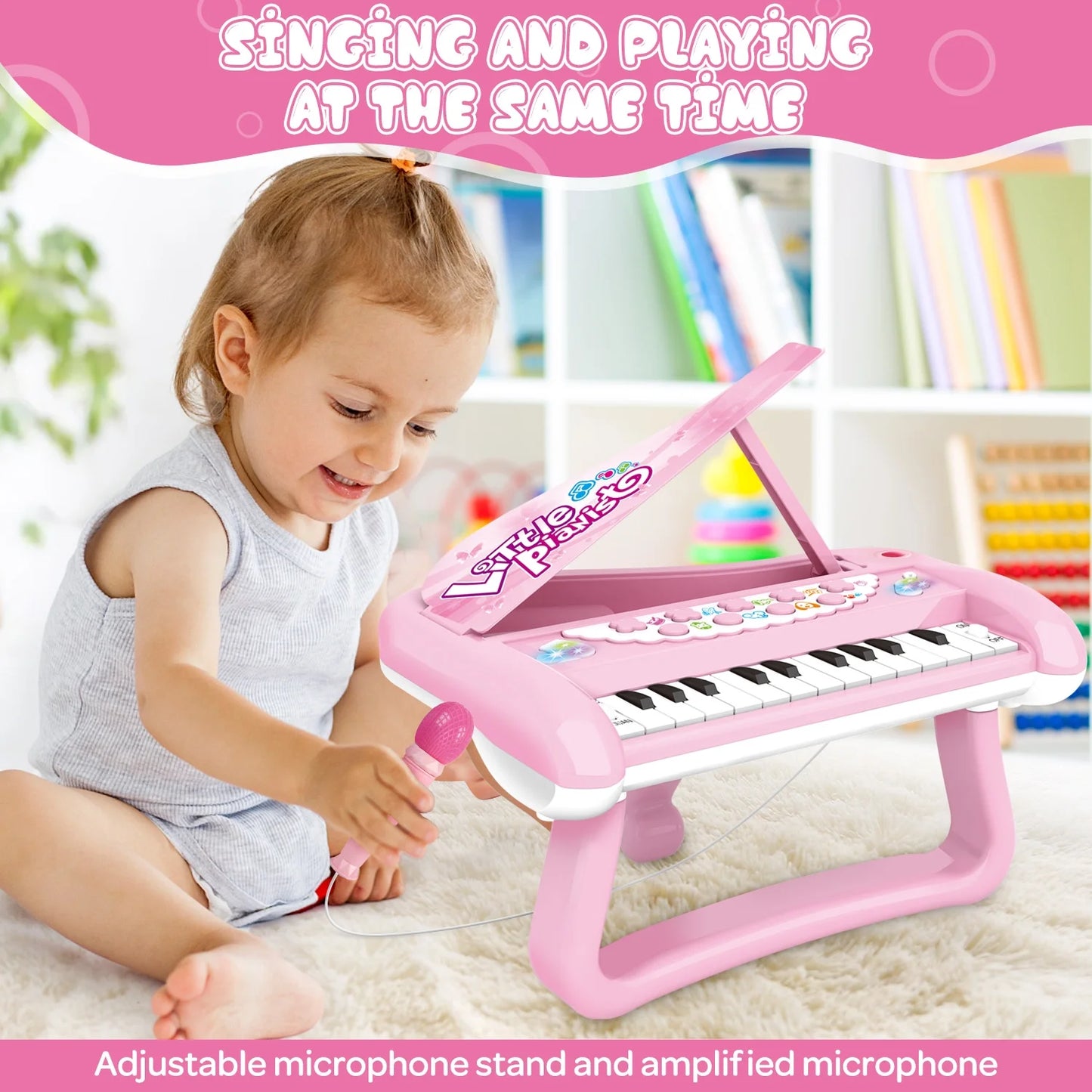 Hot Bee 5-in-1 Kids Piano Keyboard Toys with Microphone, 22 Keys, 22 Demo Songs, 5 Musical Instruments, and Animal Sounds, Early Learning Birthday Christmas Gift for Girls Boys 1-3