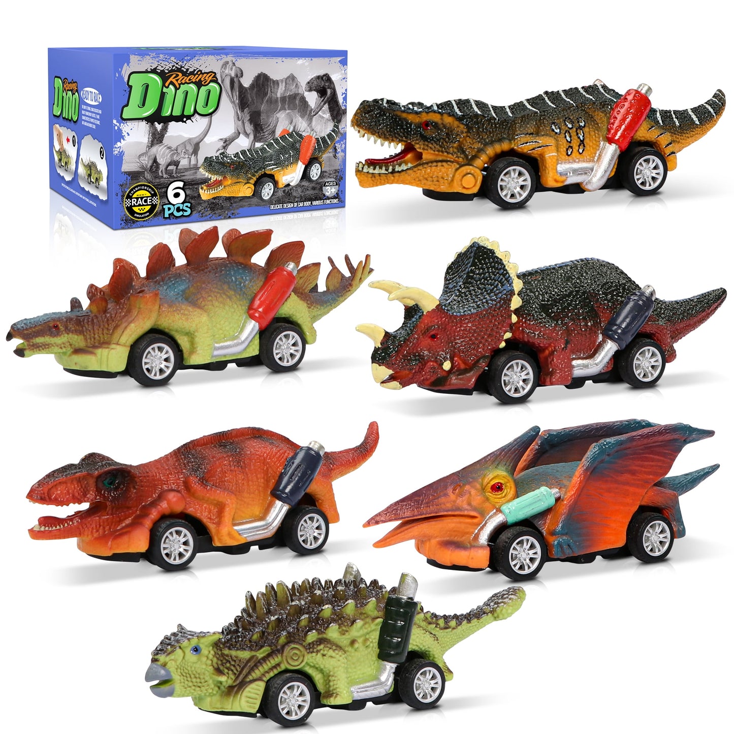 Dinosaur Toy Pull Back Cars, 6 Pack Dino Toys for 3 Year Old Boys and Toddlers