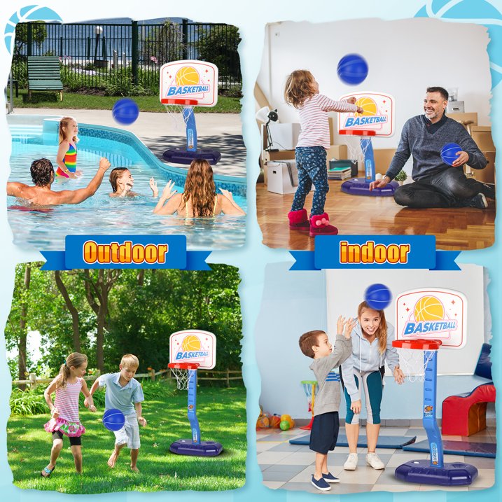 Poolside Basketball Hoop for Kids, Indoor & Outdoor Adjustable Height Hoop for Toddlers, Swimming Pool Basketball Game Toy, Summer Water Games for Adults and Kids 3-6 7 8+