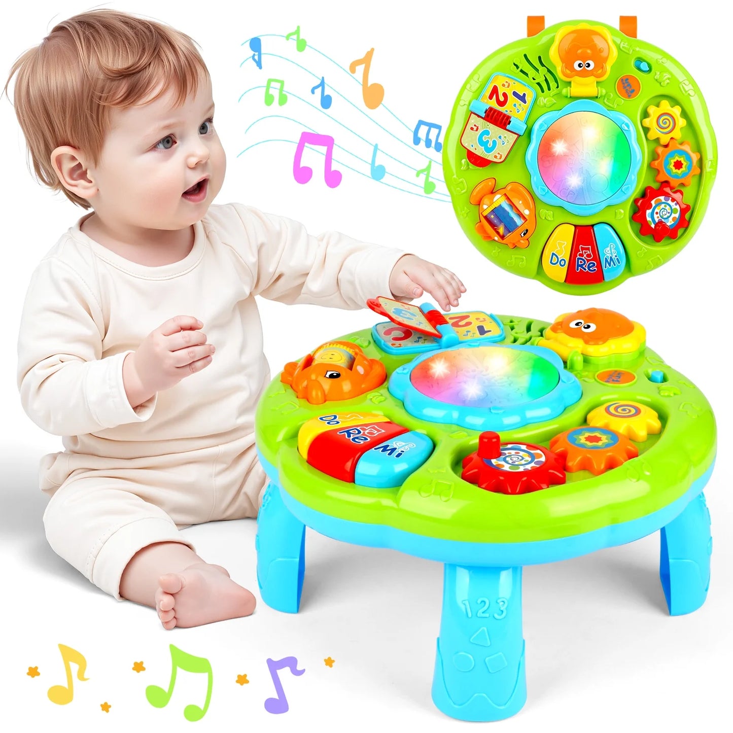Baby Musical Activity Table, Light & Sound Learning Drum Toy with Piano, Flip Book & Animal Mirror, Multifunction Toddler Play Center for 6-24 Months Boys Girls Birthday ChristmasToy Gifts