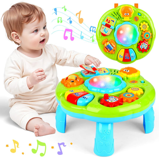 Baby Musical Activity Table, Light & Sound Learning Drum Toy with Piano, Flip Book & Animal Mirror, Multifunction Toddler Play Center for 6-24 Months Boys Girls Birthday ChristmasToy Gifts