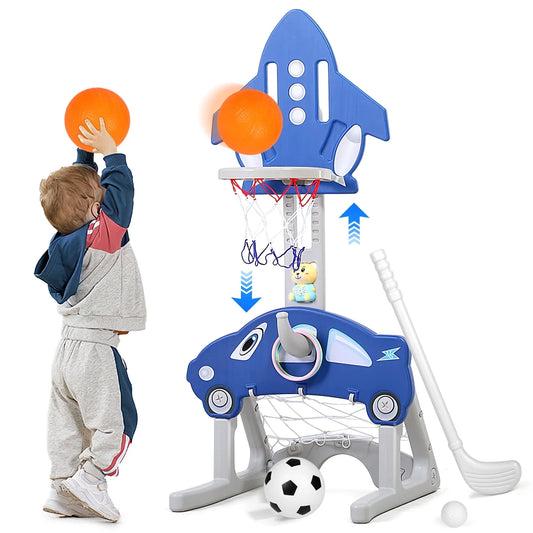 5 in 1 Sports Activity Center for Kids, Adjustable Height Basketball Hoop Airplane, Soccer Game&Toy Golf, Ring Toss w/ Storyteller, Indoor/Outdoor Birthday Gifts for Boys&Girls Aged 3+