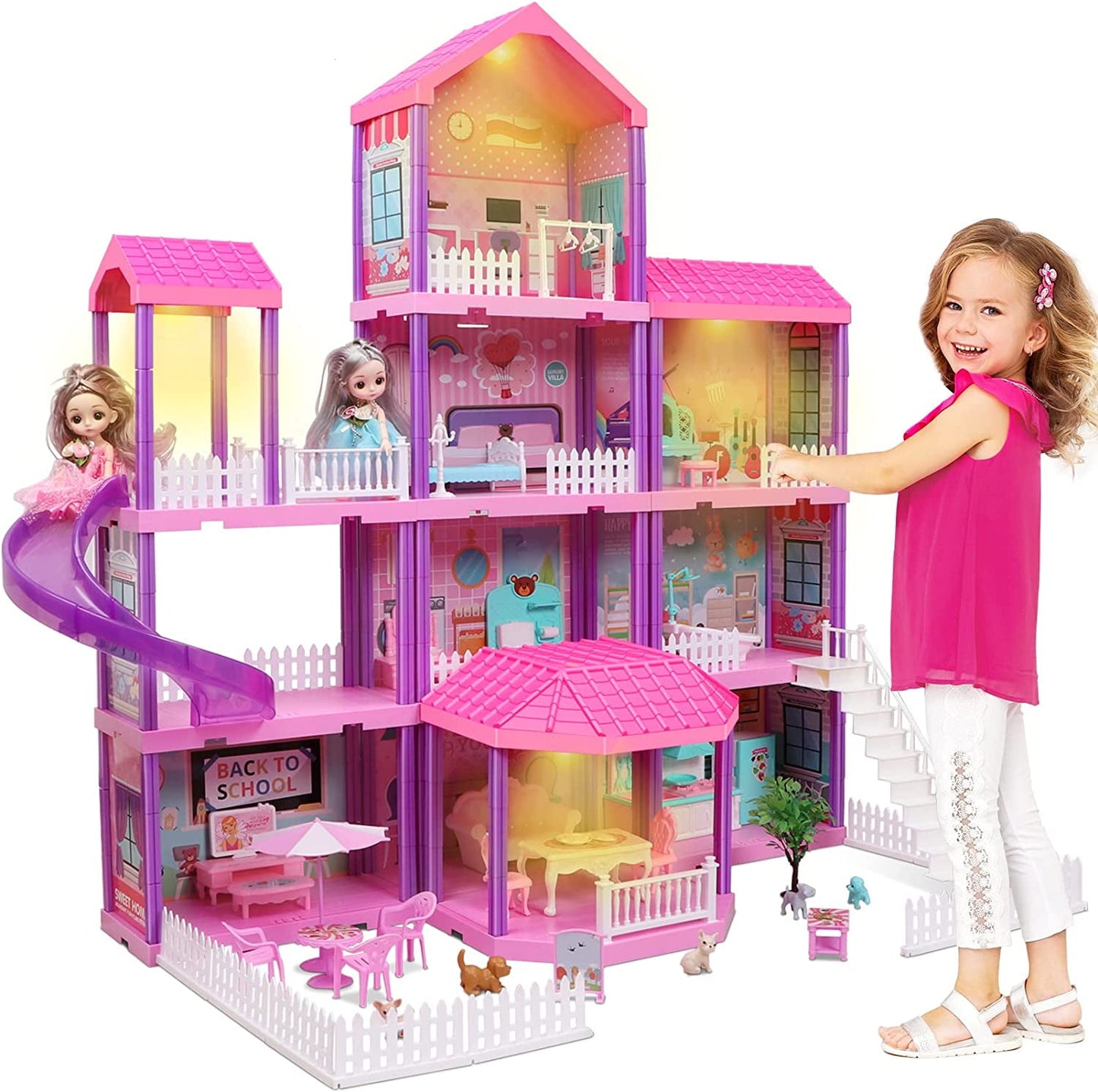 36 inch Dollhouse Playset Girl Toys, 11 Rooms with Doll Toy Figures Toddler Playhouse Christmas Birthday Gifts for 3 4 5 6 7 Year Old Girls