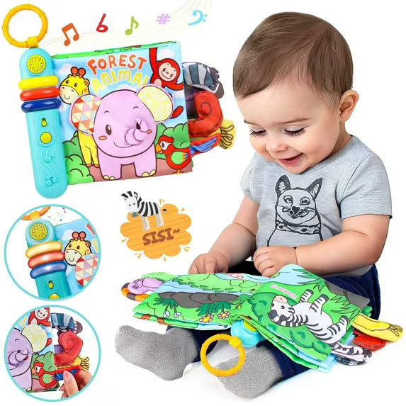 Musical Cloth Book Toy, Soft Crinkle Book with Animal Sounds & 3D Tails, Tummy Time Book Sensory Toy for Kids, Tear-Resistant Fabric, Girl Boy Easter Christmas