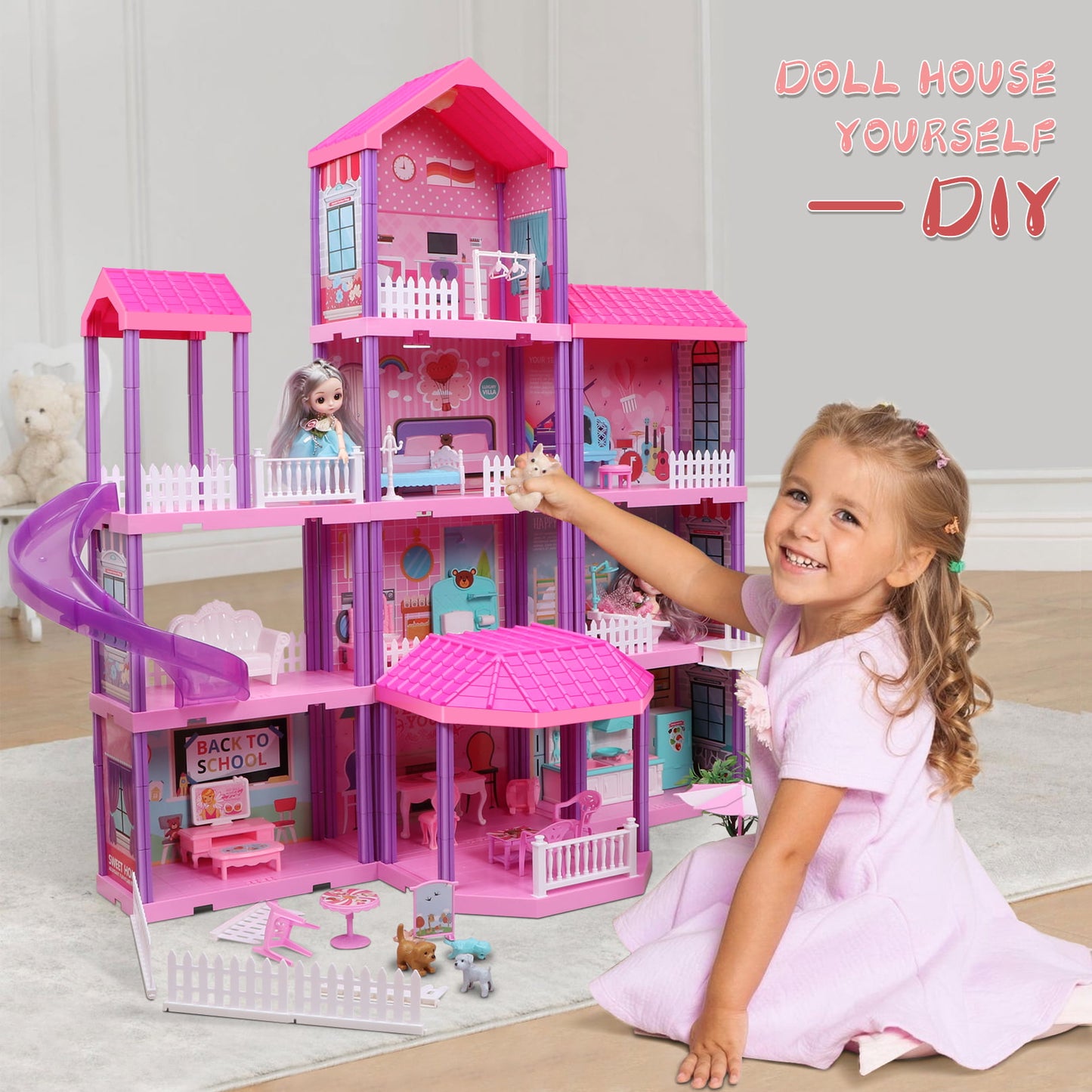 36 inch Dollhouse Playset Girl Toys, 11 Rooms with Doll Toy Figures Toddler Playhouse Christmas Birthday Gifts for 3 4 5 6 7 Year Old Girls