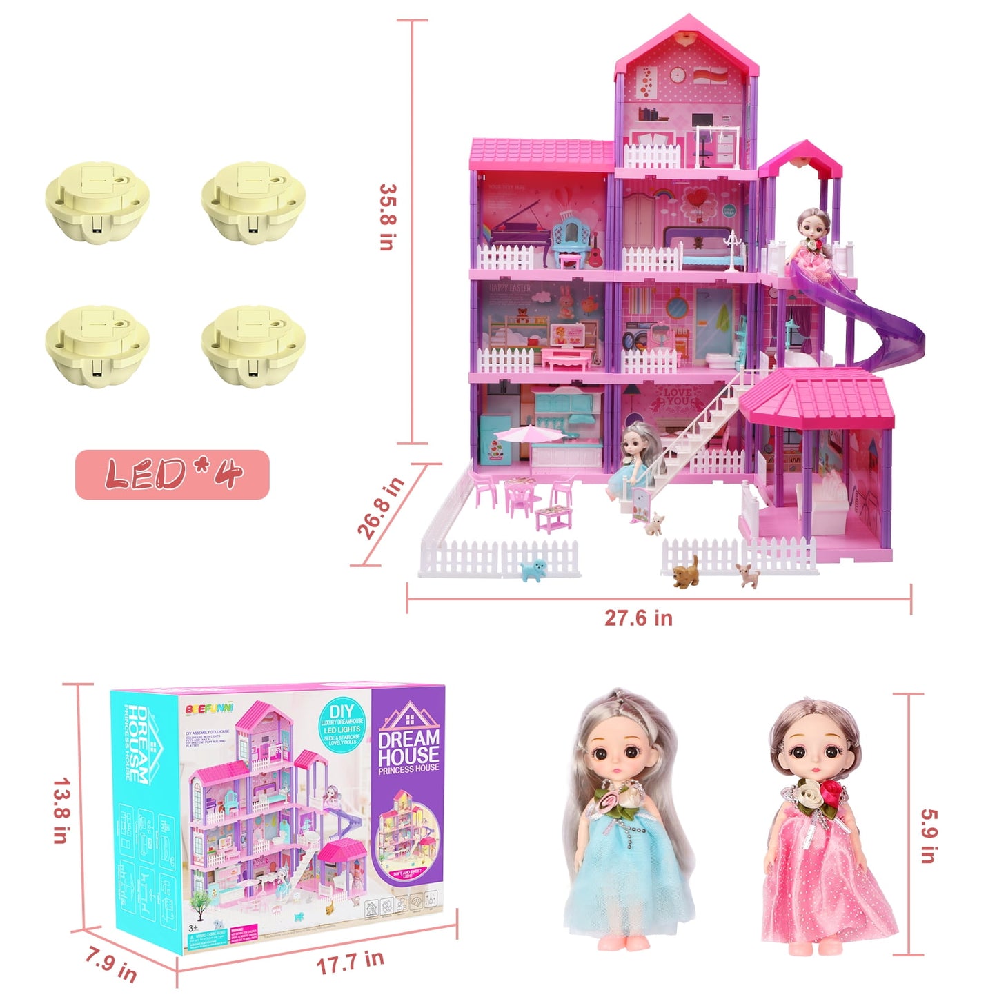 36 inch Dollhouse Playset Girl Toys, 11 Rooms with Doll Toy Figures Toddler Playhouse Christmas Birthday Gifts for 3 4 5 6 7 Year Old Girls