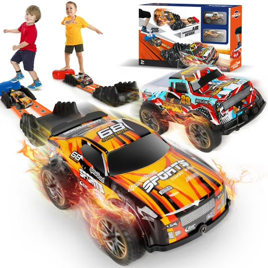 Stomp Race Car Launcher Set for Kids, 2 Cars & Dual Tracks, Foot Pump Powered Racing Toy for Boys and Girls, Outdoor Backyard Game Gift
