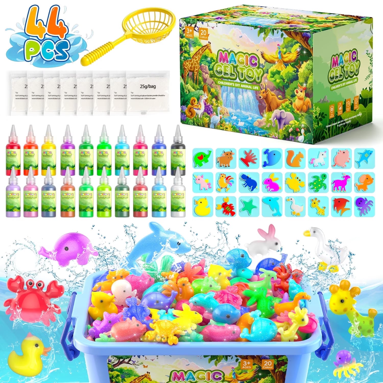 Carsky Magical Farm Gel Toy, 24 Animal Molds & 20 Gel w/ Storage Box ...