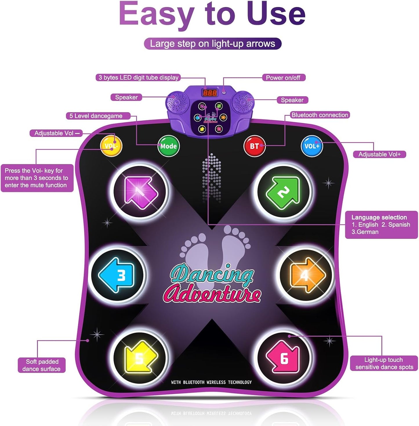 Hot Bee Luminous Dance Mat for Children from 3-10 Years, Girls, Toys from 3-12 Years, Girls, Gifts 3-12 Years, Music Mat with 6 Luminous Arrows, Bluetooth, 5 Modes
